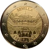 2 € commémorative 2024 Espagne Sevilla pour célébrer La Cathédrale, l'Alcázar et l'Archivo de Indias de Séville.