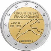 2 euro commémorative 2025 Belgique consacrée au circuit de Spa-Francorchamps.
