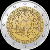 2 euro commémorative 2026 Belgique pour les 50e anniversaire de l'Institut géographique national et 200e anniversaire de l'Observatoire royal de Belgique.
