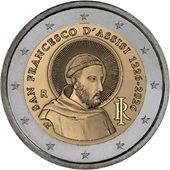 2 euro commémorative 2026 Italie pour le 800e anniversaire de la mort de saint François d'Assise. 