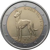 2 euro commémorative 2026 Malte pour le chien du pharaon ou lévrier du pharaon.