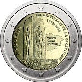 pièce 2 euro 2018 ANdorre pour le 25ème anniversaire de la constitution