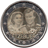 2 € euro commémorative 2021 Luxembourg pour le 40e anniversaire de la naissance du Grand-Duc Guillaume et du mariage du grand-duc Henri et de la grande-duchesse María Teresa
