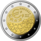 2 € euro commémorative 2022 Principauté d'Andorre pour le 10e anniversaire de l'entrée en vigueur de l'accord monétaire entre Andorre et l'Union européenne.
