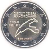 2 euro commémorative 2025 Belgique consacrée au circuit de Spa-Francorchamps.