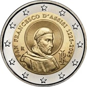2 euro commémorative 2026 Italie pour le 800e anniversaire de la mort de saint François d'Assise. 