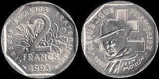 pièce de 2 francs commémorative 1993 jean moulin