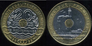 pièce de 20 francs commémorative 1993 jeux méditerranéens