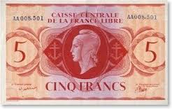 billet de 5 francs caisse centrale de la France libre