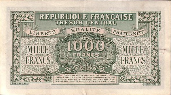 billet de 1000 francs 1944 trésor central