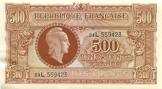 billet du trésor de 500 francs émissions anglaise