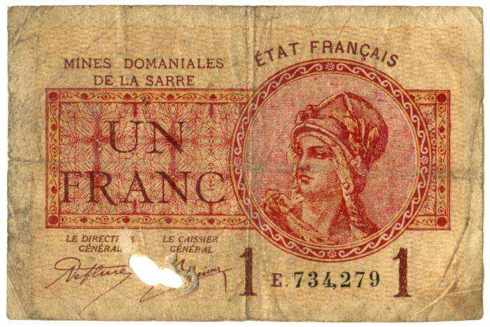 billet de 1 franc mines domaniales de la sarre