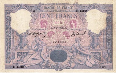 billet de 100 francs rose et bleu 1907