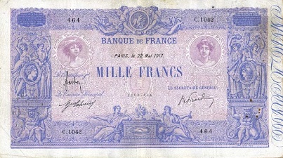 billet de 1000 francs 1917 bleu et rose