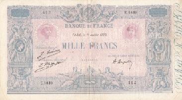 billet de 1000 francs 1923 bleu et rose