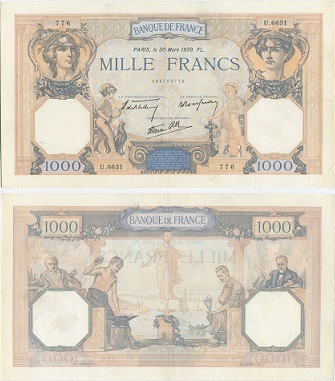 billet 1000 francs 1939 ceres et mercure