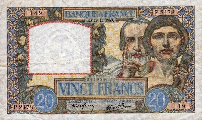 billet de 20 francs 1940 science et travail
