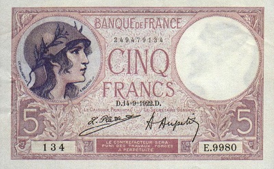 billet de 5 francs violet 1922