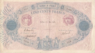 billet de 500 francs 1920 bleu et rose