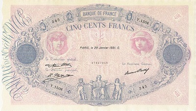 billet de 500 francs 1931 bleu et rose