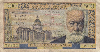 billet de 500 francs victor hugo 1959 surcharge 5 nouveaux francs