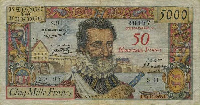 billet de 5000 francs 1958 de 5000 francs surcharge 50 nouveaux francs