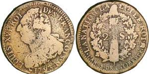 2 sols 1793 au faisceau type francois, louis XVIU