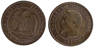 10 centimes 1857 Napoléon III tête nue