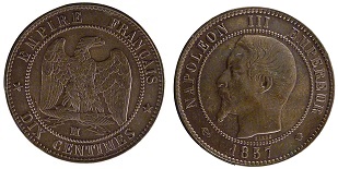 10 centimes 1852 à 1857 Napoléon III tête nue