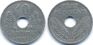 10 centimes 1941, 1942 et 1943 grand module état français