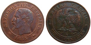 2 centimes 1855 Napoléon III tête nue
