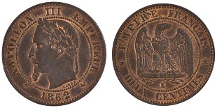 2 centimes 1862 Napoléon III tête laurée