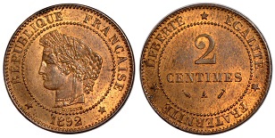 2 centimes 1892 cérès