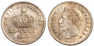 20 centimes Napoléon III tête laurée petit module 1864 et 1866