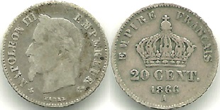 20 centimes 1866 Napoléon III tête laurée petit module