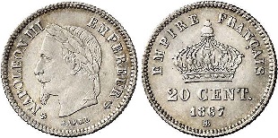 20 centimes 1867 napoléon III t^te laurée