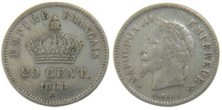 20 centimes Napoléon III tête laurée grand module 1867 et 1868