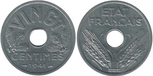 20 centimes 1941 état français type vingt