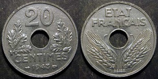 20 centimes Etat Français zinc 1941-1944