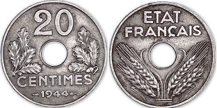 20 centimes 1944 état français fer