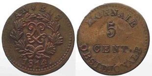 5 centimes 1814 louis XVIII première restauration monnaie obsidionale