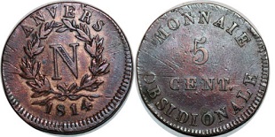5 centimes 1814 Napoléon 1er Premier Empire monnaie obsidionale