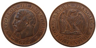 5 centimes 1853 Napoléon III tête nue