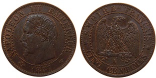 5 centimes 1857 napoléon III tête nue