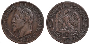 5 centimes 1861 napoléon III tête laurée