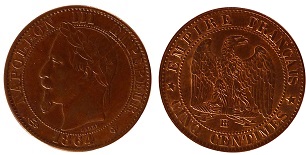 5 centimes 1864 Napoléon III tête laurée
