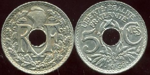 5 centimes 1938 et 1939 Lindauer Maillechort