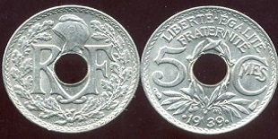 FRANCE  5 centimes  LINDAUER  .1938. etat avec points 
