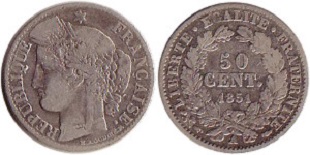 50 centimes Cérès 1er type 1849, 1850 et 1851
