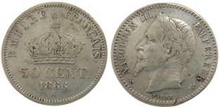 50 centimes 1866 napoléon III tête laurée